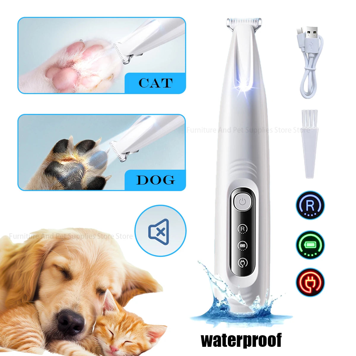 LED Dog Paw Trimmer – Waterproof Pet Hair Clippers with 18mm Blade