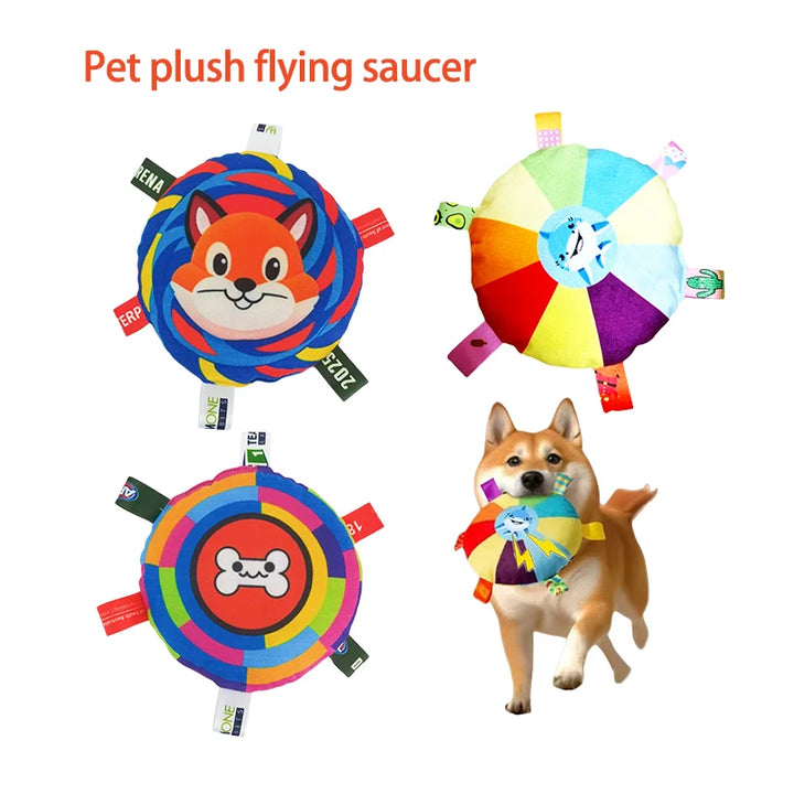 Rainbow Plush Flying Saucer Dog Toy – Interactive Chew & Bell Toy