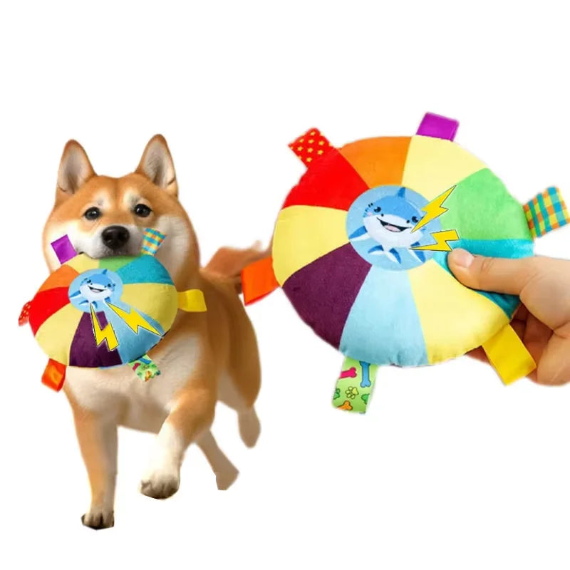 Rainbow Plush Flying Saucer Dog Toy – Interactive Chew & Bell Toy