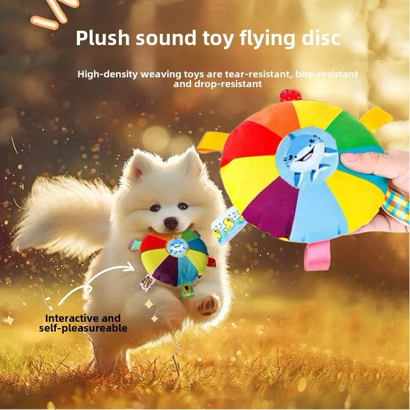 Rainbow Plush Flying Saucer Dog Toy – Interactive Chew & Bell Toy