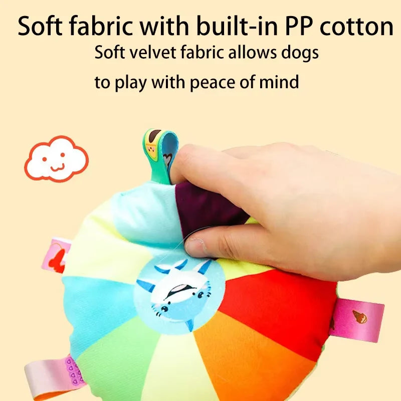 Rainbow Plush Flying Saucer Dog Toy – Interactive Chew & Bell Toy